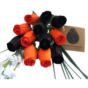 1 Dozen Halloween Black and Orange The Original Wooden Rose Flower Bouquet